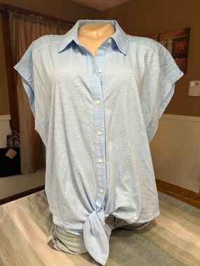 Loft Cotton Light Blue Button-Up Tie Hem Top Size XL